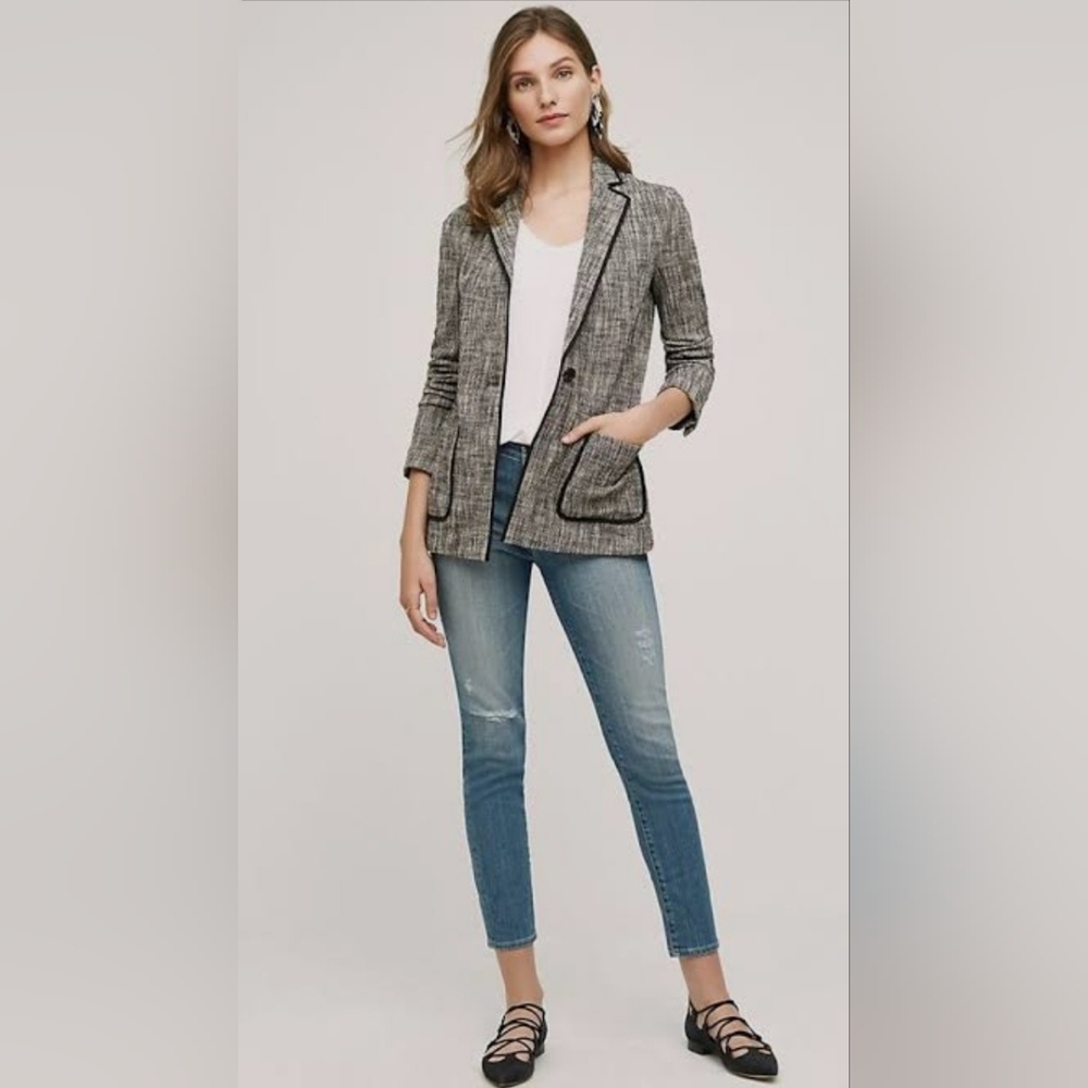 CARTONNIER | ANTHRO Leonie Black White Nubby Tweed Office Casual Blazer Jacket